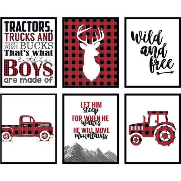 Buffalo Plaid Deer Tractor Truck Themed Children Art Print WallDecor(Set of Six) - Picture 1 of 4